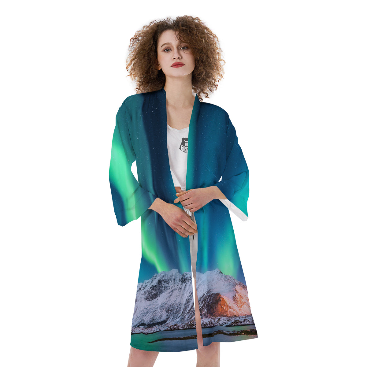Aurora Green Northern Lights Print Kimono-grizzshop