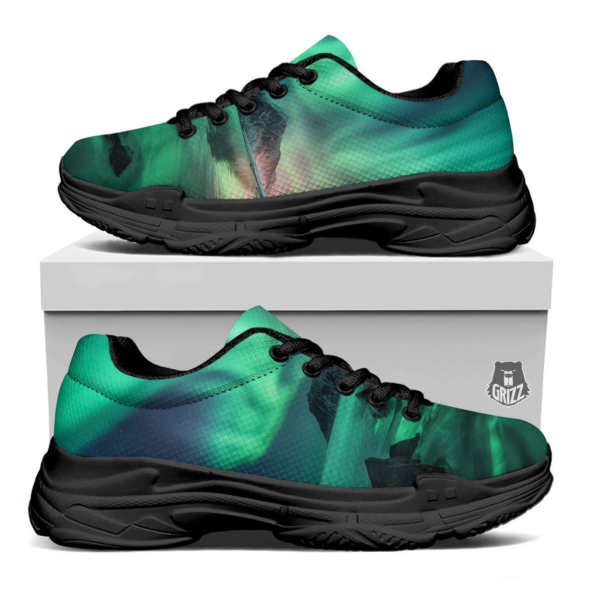 Aurora Northern Lights Print Black Chunky Shoes-grizzshop