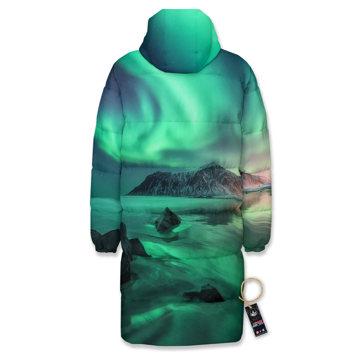 Aurora Northern Lights Print Long Down Jacket-grizzshop