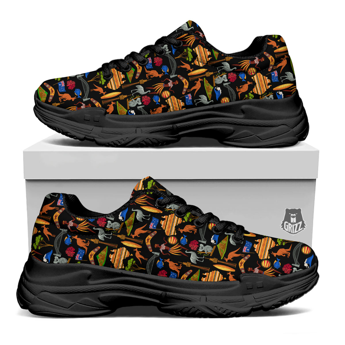 Australia Symbols Print Pattern Black Chunky Shoes-grizzshop