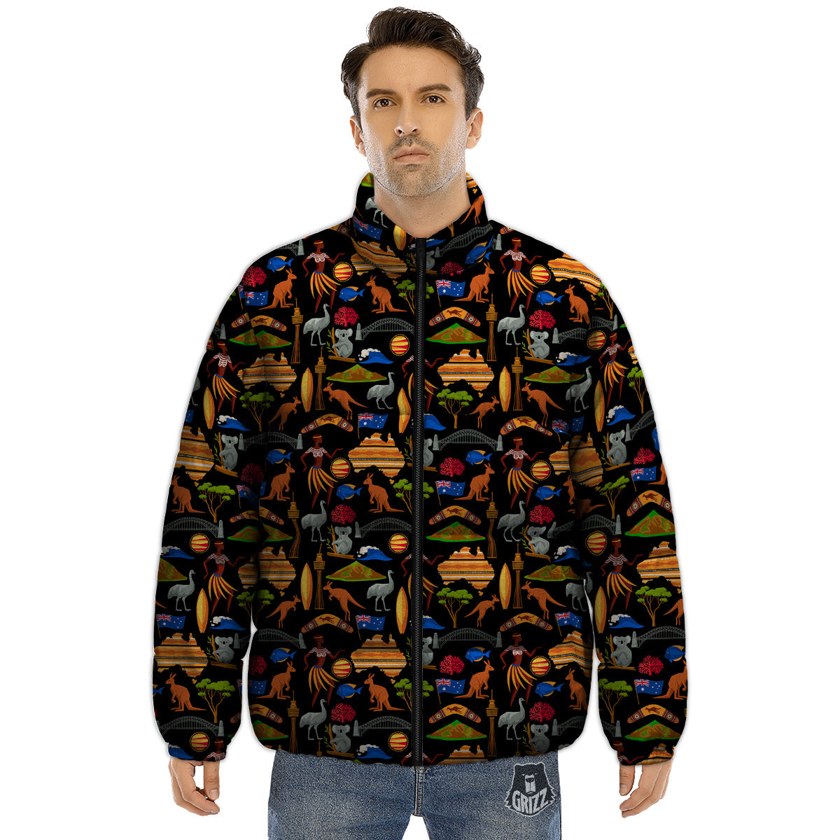 Australia Symbols Print Pattern Puffer Jacket-grizzshop