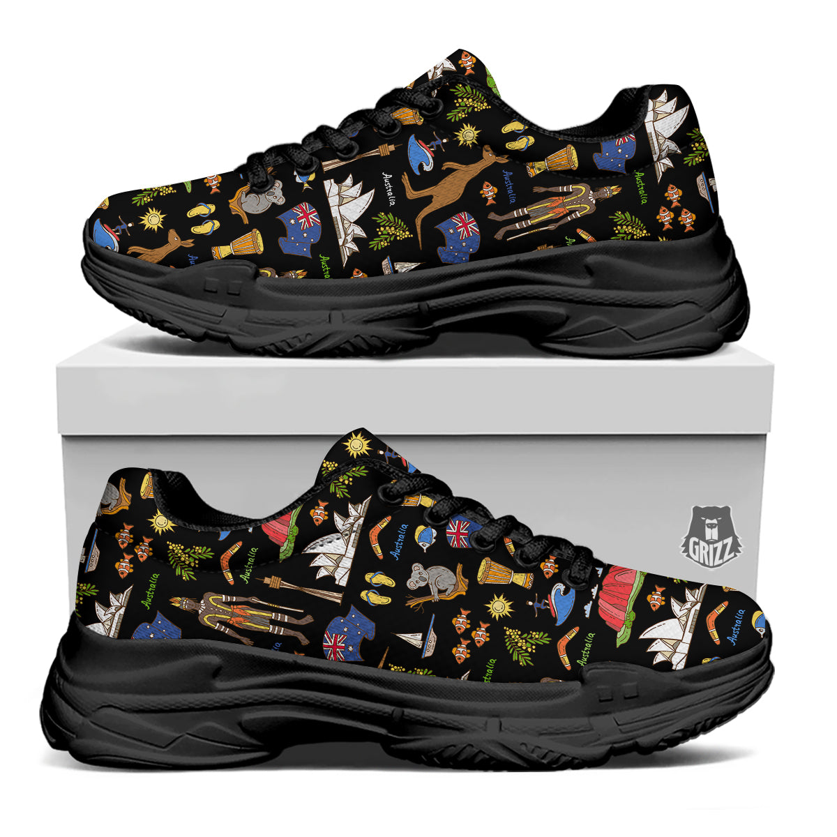 Australia Theme Print Pattern Black Chunky Shoes-grizzshop