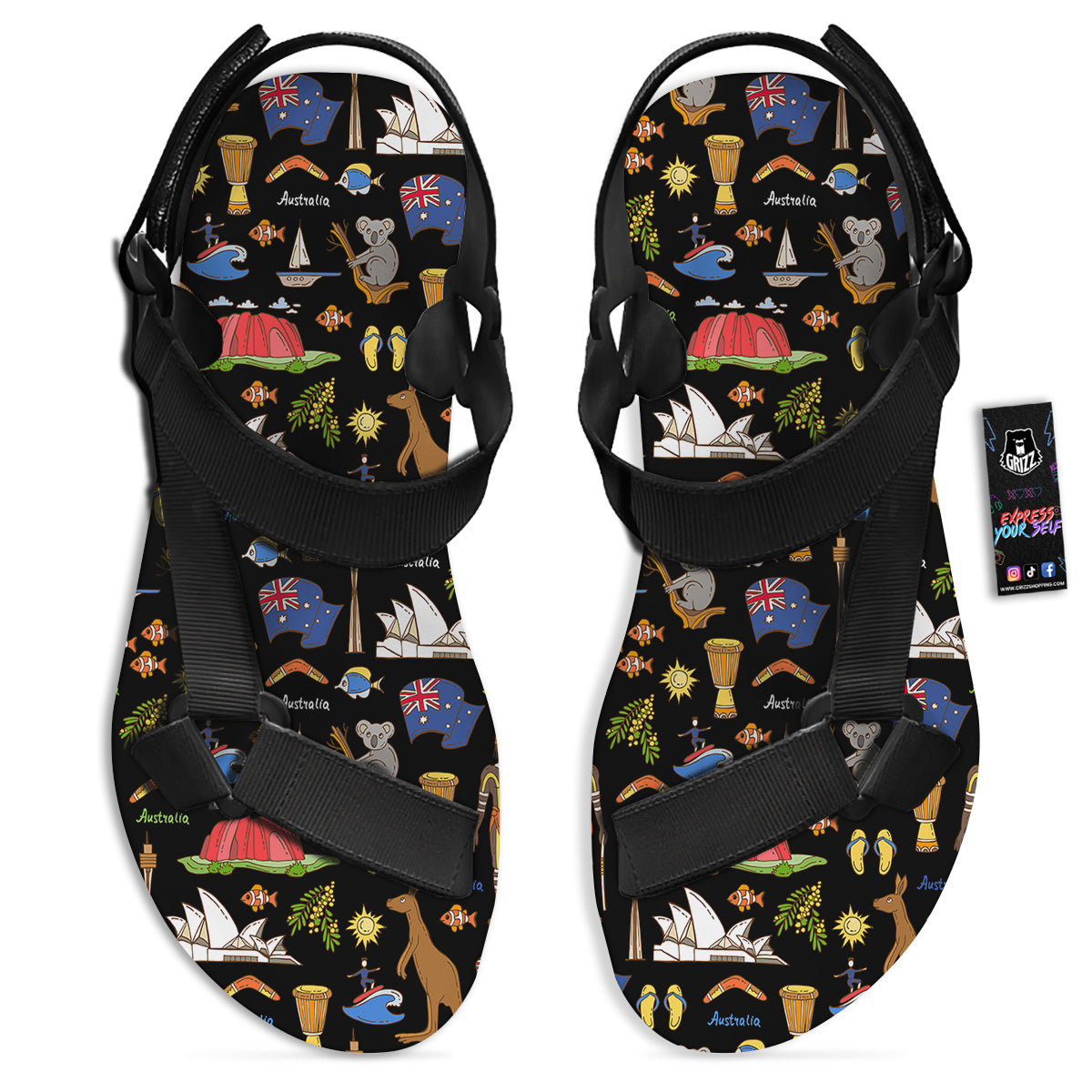 Australia Theme Print Pattern Black Open Toe Sandals-grizzshop