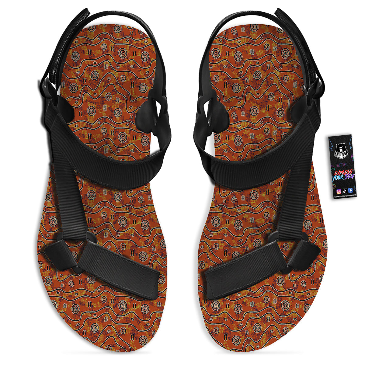 Australian Aboriginal Print Pattern Black Open Toe Sandals-grizzshop