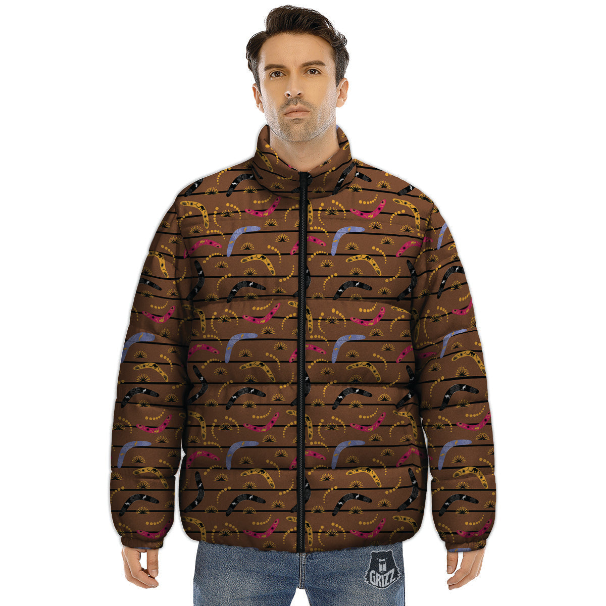 Australian Boomerangs Print Pattern Puffer Jacket-grizzshop