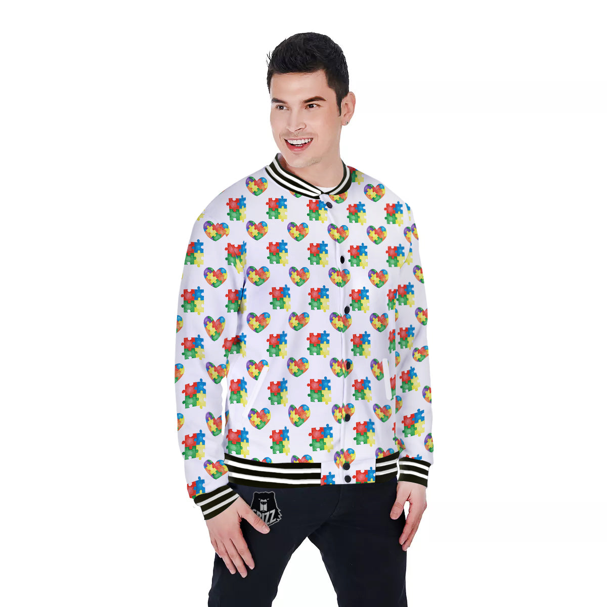 Autism Awareness Heart Print Pattern Baseball Jacket-grizzshop