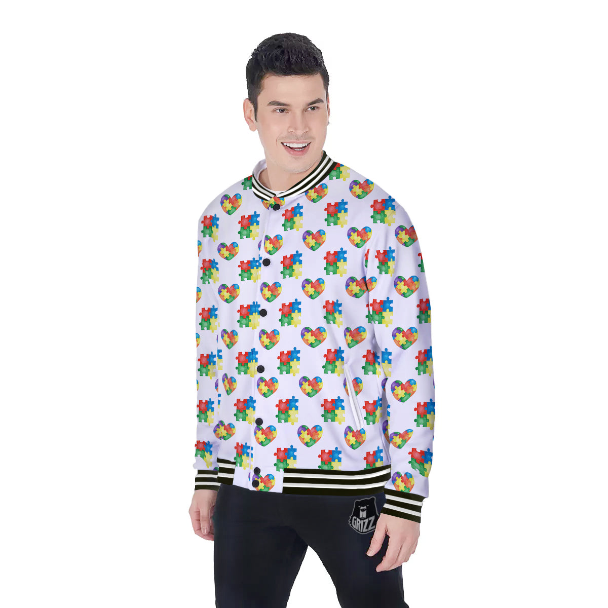 Autism Awareness Heart Print Pattern Baseball Jacket-grizzshop