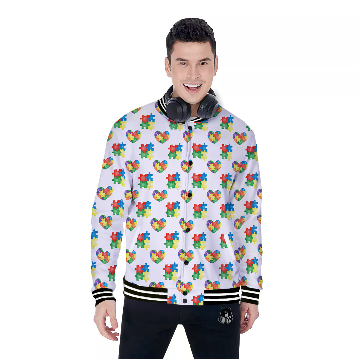 Autism Awareness Heart Print Pattern Baseball Jacket-grizzshop
