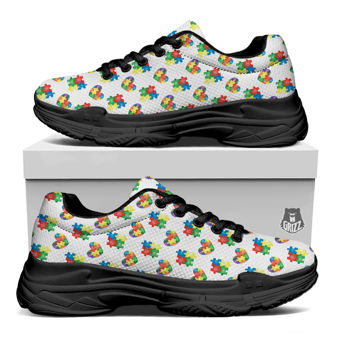 Autism Awareness Heart Print Pattern Black Chunky Shoes-grizzshop