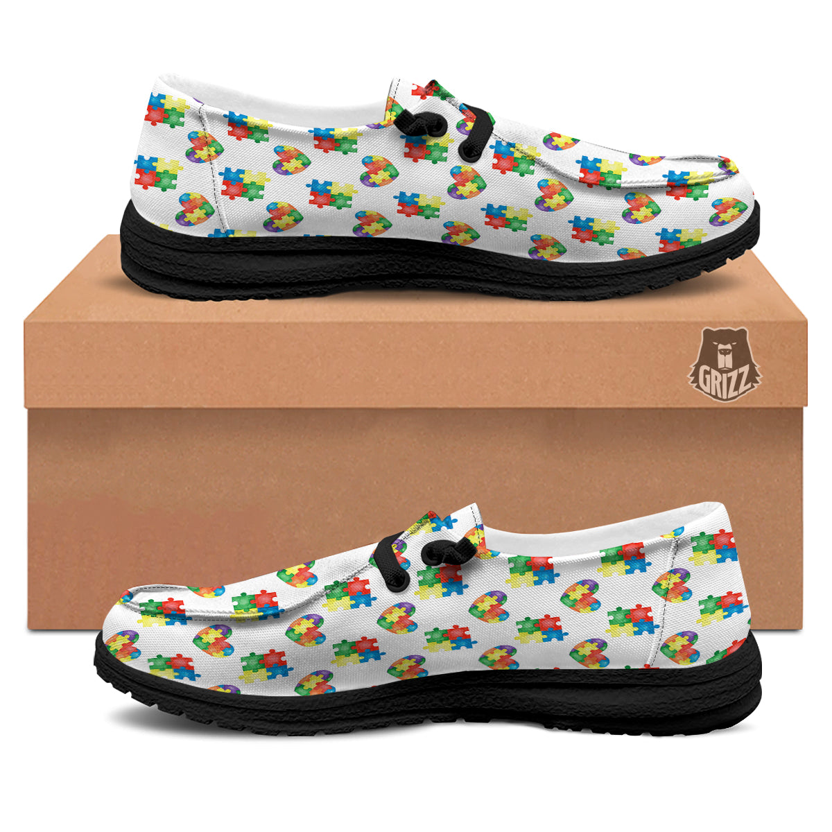 Autism Awareness Heart Print Pattern Black Loafers-grizzshop