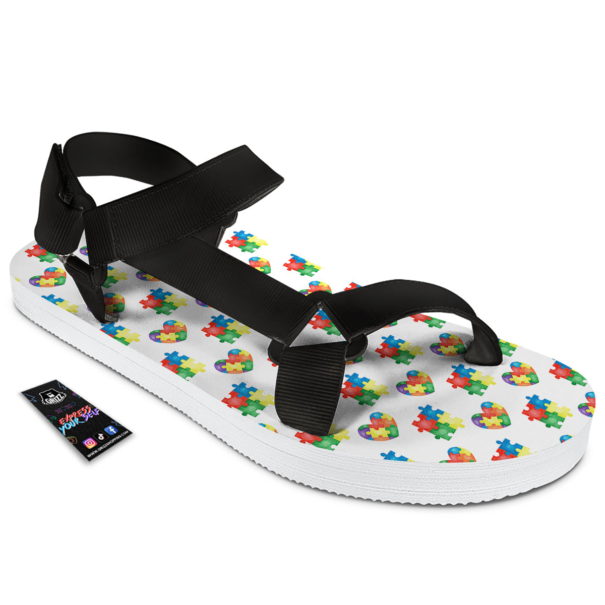 Autism Awareness Heart Print Pattern Black Open Toe Sandals-grizzshop