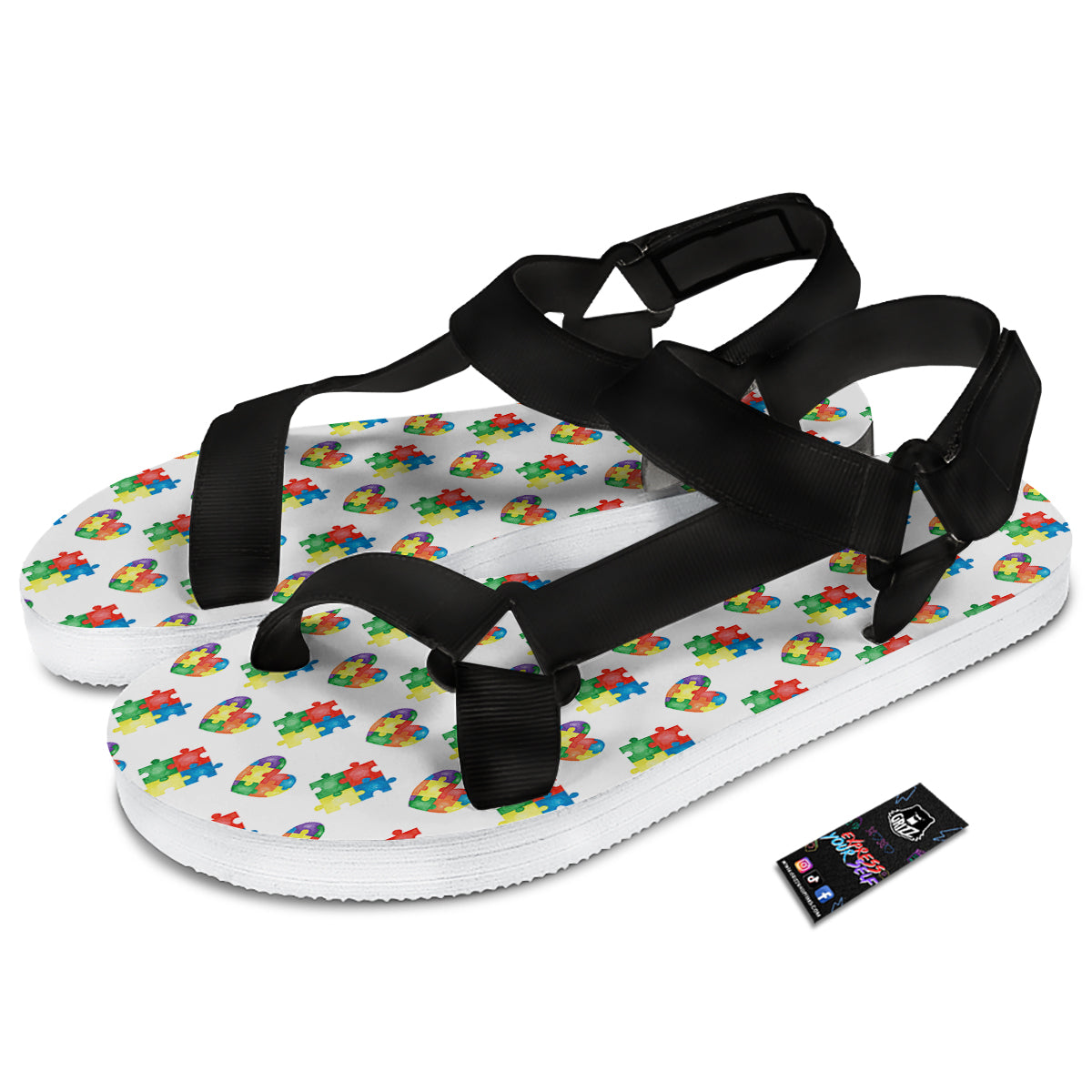 Autism Awareness Heart Print Pattern Black Open Toe Sandals-grizzshop