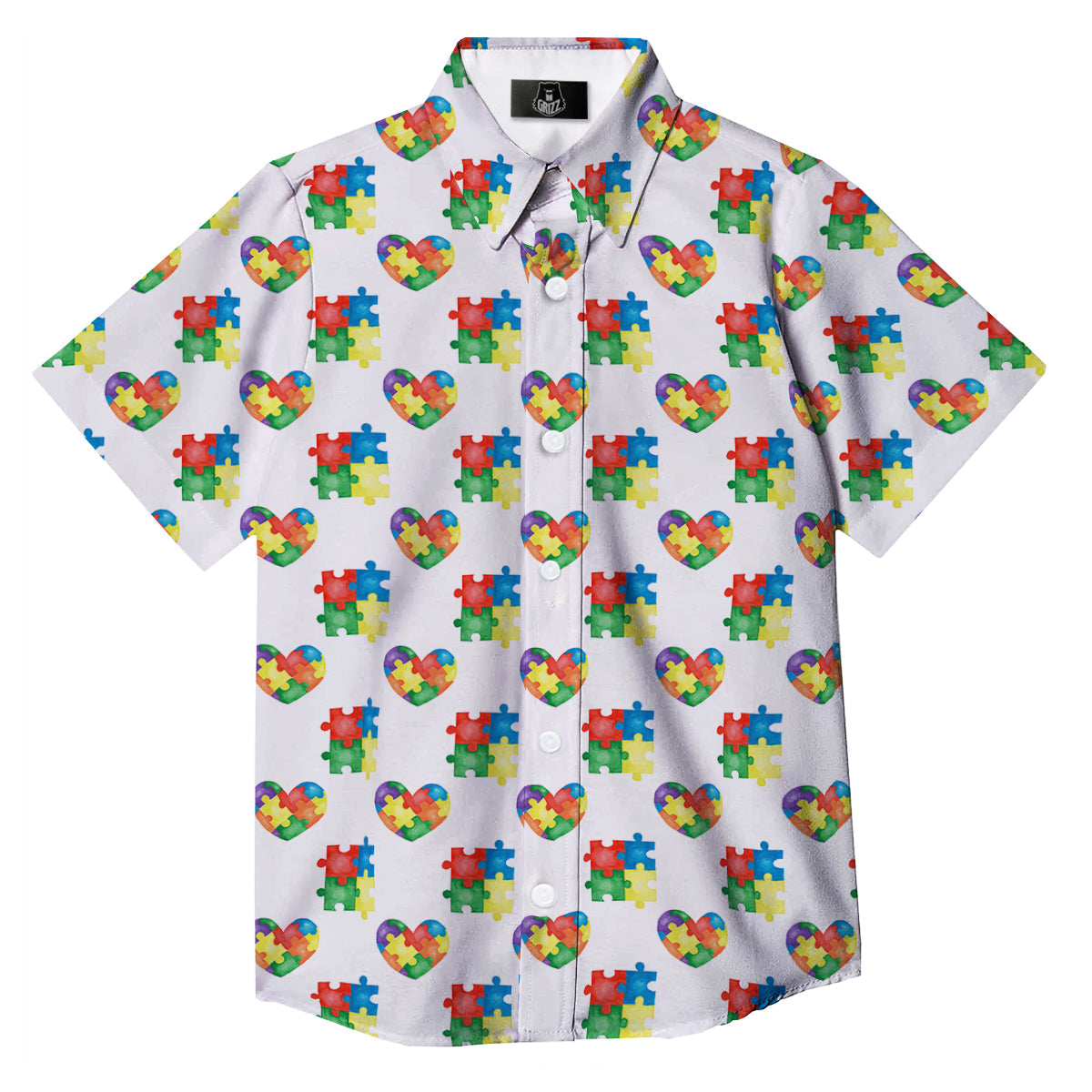 Autism Awareness Heart Print Pattern Button Up Shirt-grizzshop