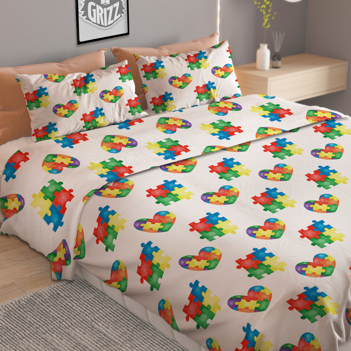 Autism Awareness Heart Print Pattern Duvet Cover Bedding Set