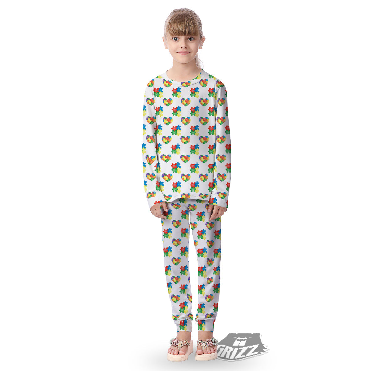 Autism Awareness Heart Print Pattern Kid's Pajamas-grizzshop