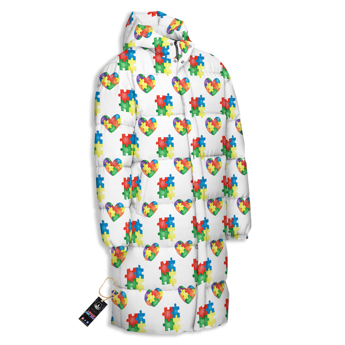 Autism Awareness Heart Print Pattern Long Down Jacket-grizzshop
