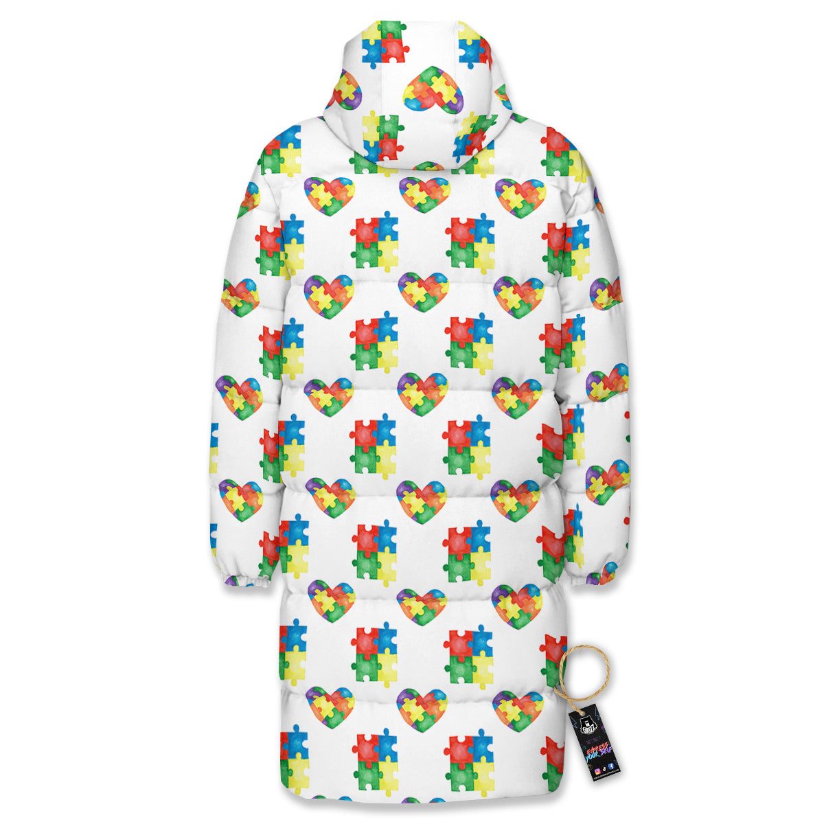 Autism Awareness Heart Print Pattern Long Down Jacket-grizzshop