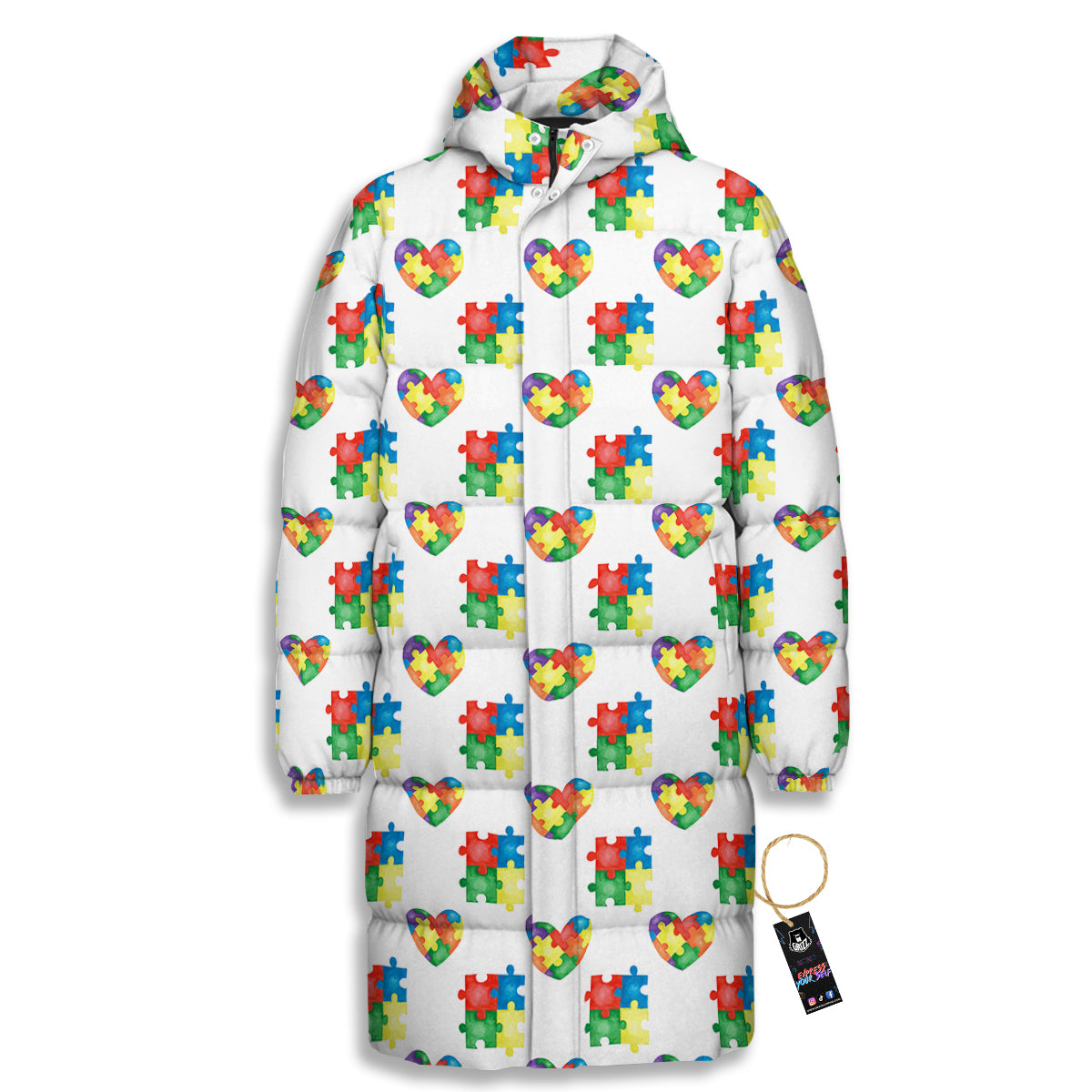 Autism Awareness Heart Print Pattern Long Down Jacket-grizzshop
