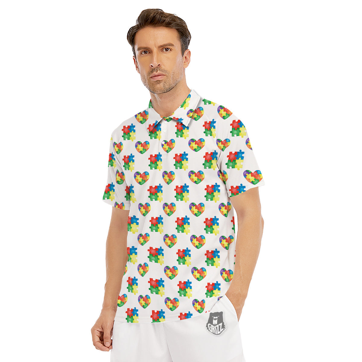 Autism Awareness Heart Print Pattern Men's Golf Shirts-grizzshop