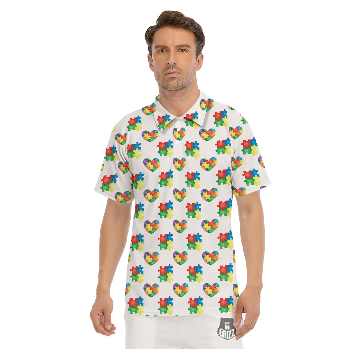 Autism Awareness Heart Print Pattern Men's Golf Shirts-grizzshop