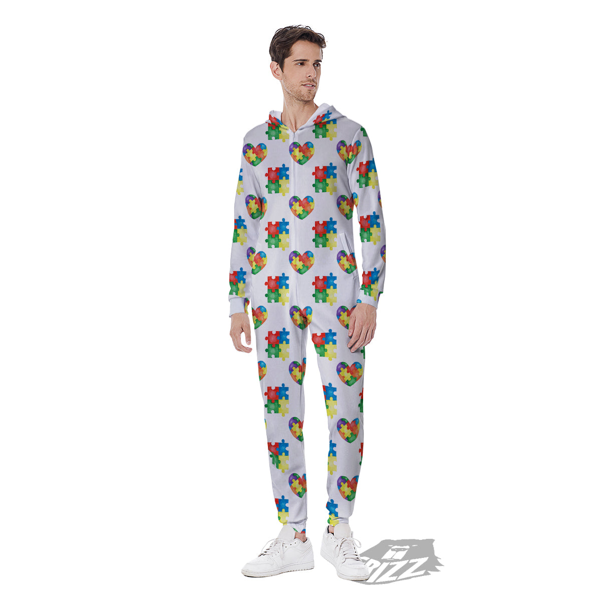 Autism Awareness Heart Print Pattern Men's Jumpsuit-grizzshop