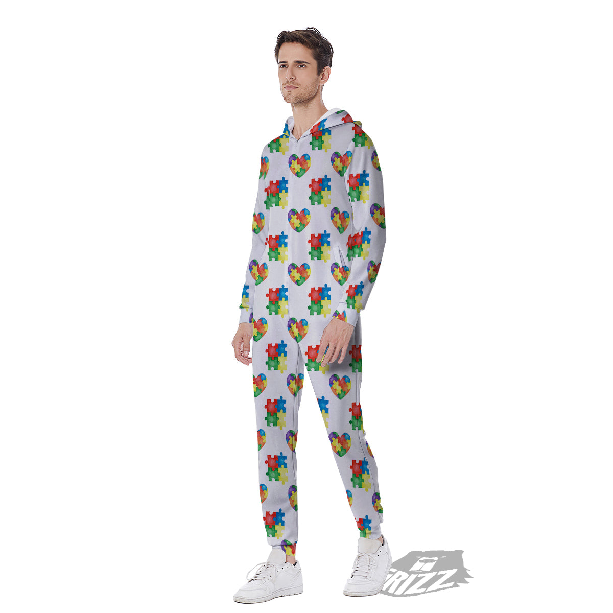 Autism Awareness Heart Print Pattern Men's Jumpsuit-grizzshop