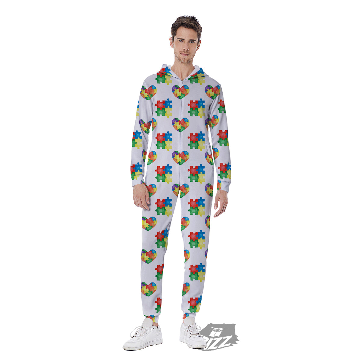 Autism Awareness Heart Print Pattern Men's Jumpsuit-grizzshop