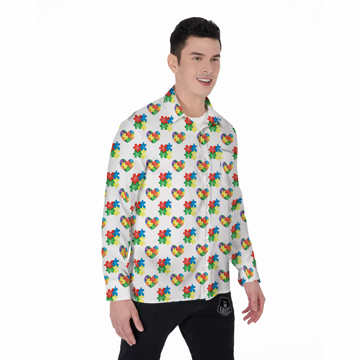 Autism Awareness Heart Print Pattern Men's Long Sleeve Shirts-grizzshop