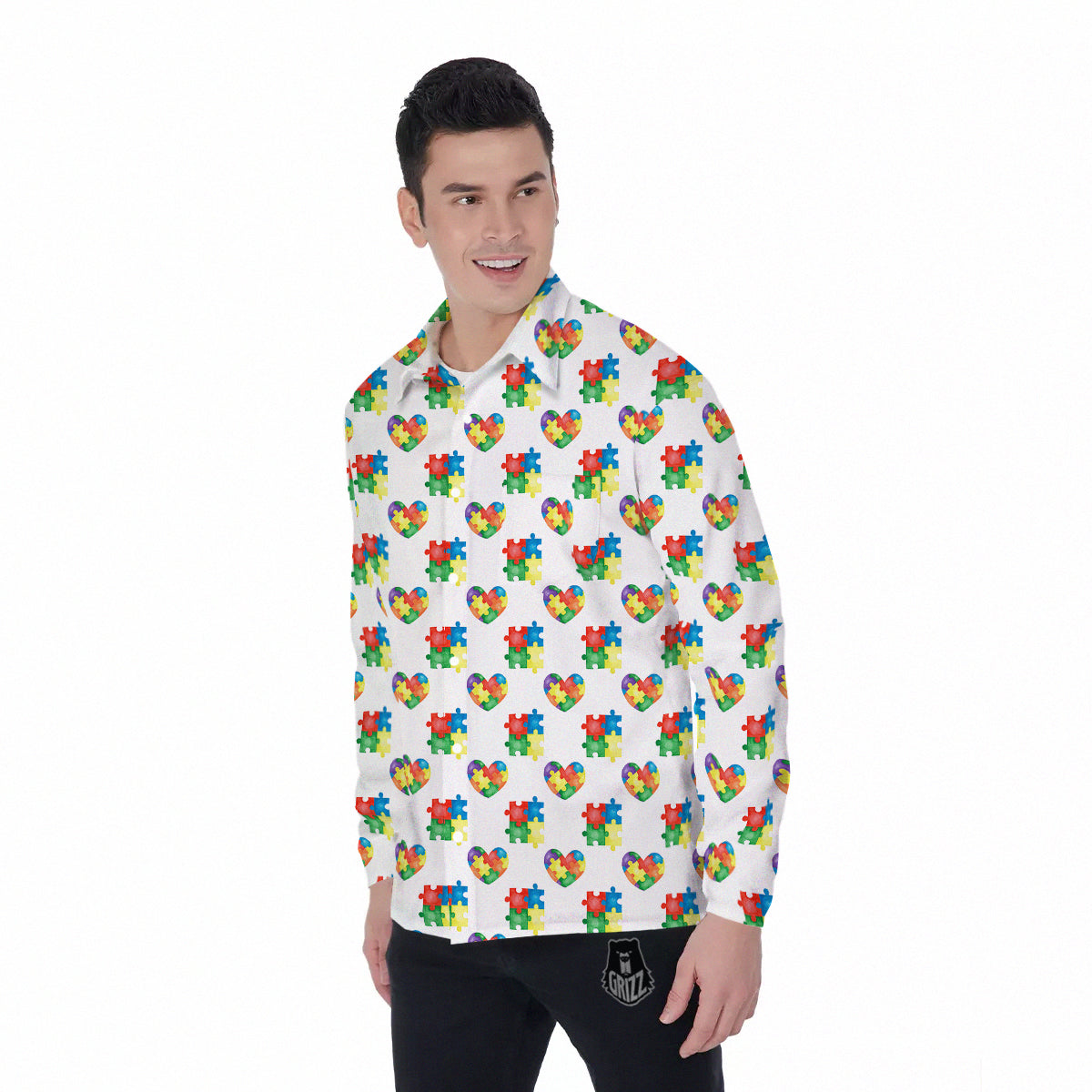 Autism Awareness Heart Print Pattern Men's Long Sleeve Shirts-grizzshop