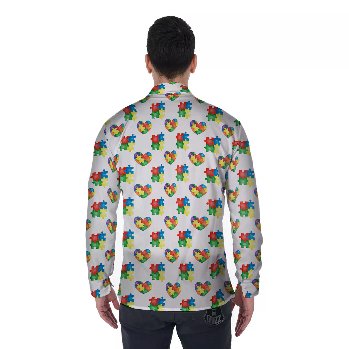 Autism Awareness Heart Print Pattern Men's Long Sleeve Shirts-grizzshop