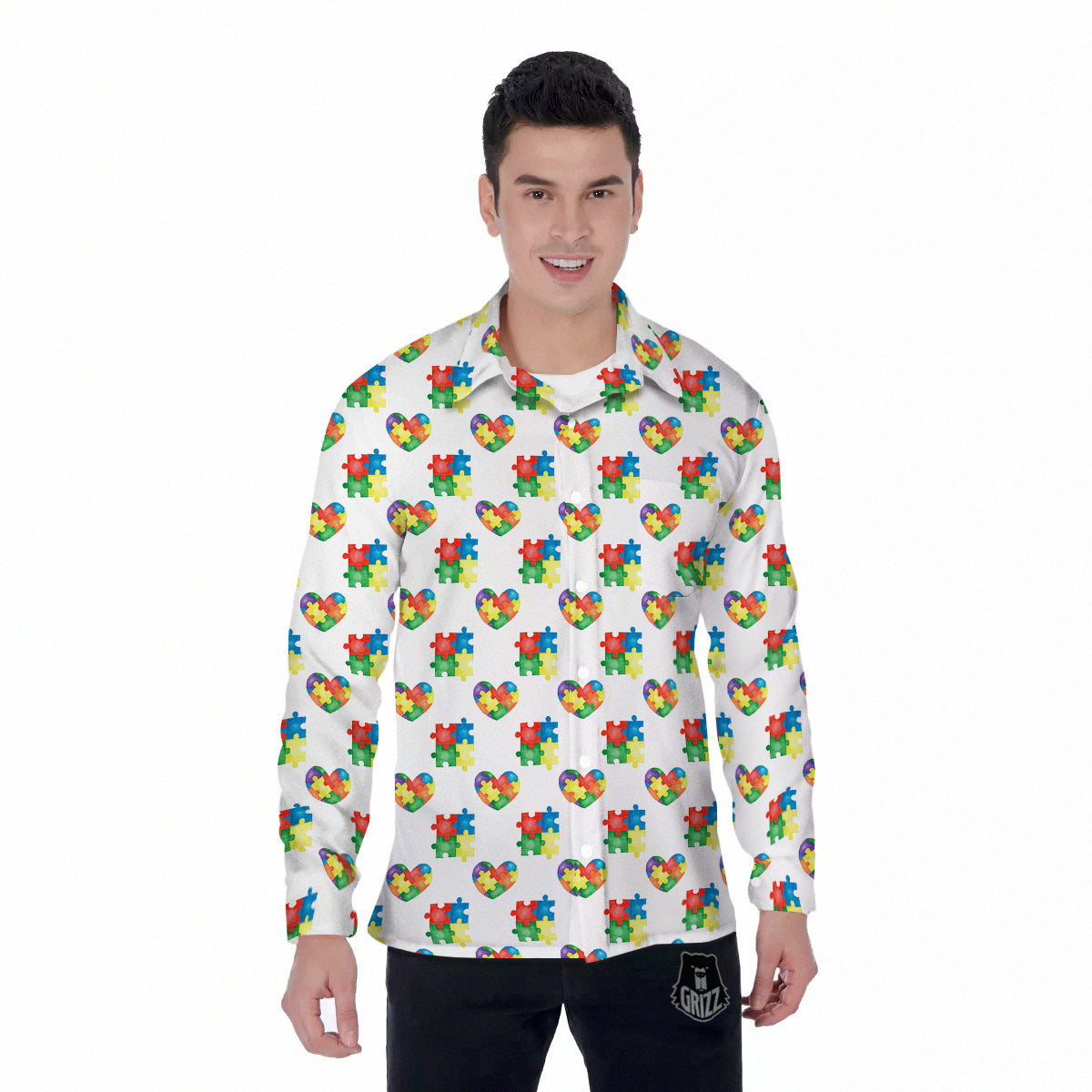 Autism Awareness Heart Print Pattern Men's Long Sleeve Shirts-grizzshop
