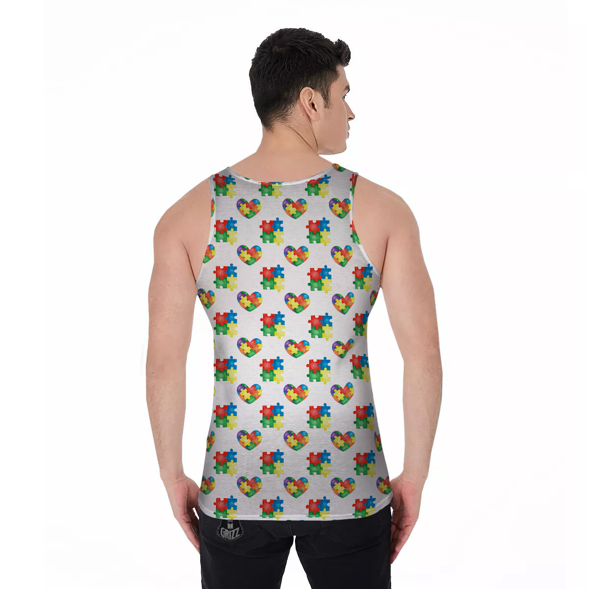 Autism Awareness Heart Print Pattern Men's Tank Top-grizzshop
