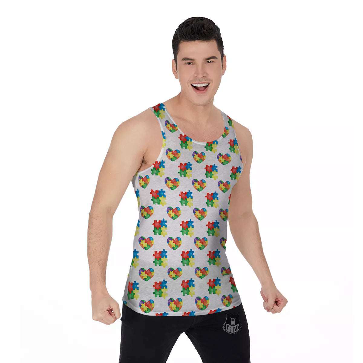 Autism Awareness Heart Print Pattern Men's Tank Top-grizzshop