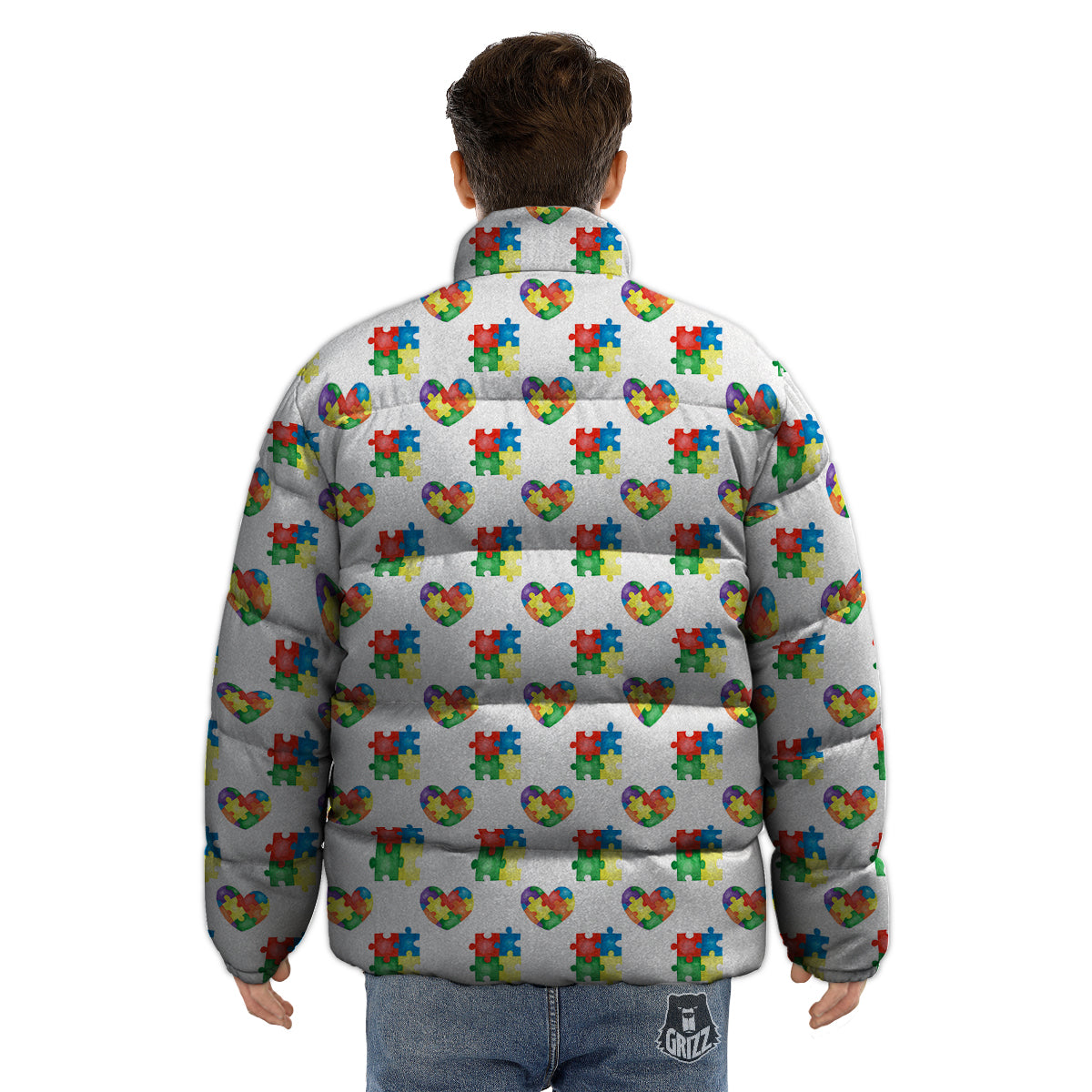 Autism Awareness Heart Print Pattern Puffer Jacket-grizzshop