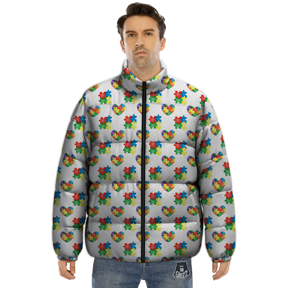 Autism Awareness Heart Print Pattern Puffer Jacket-grizzshop