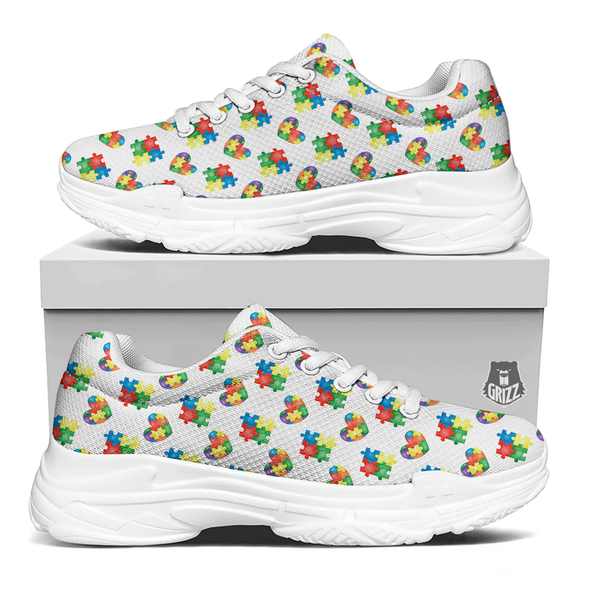 Autism Awareness Heart Print Pattern White Chunky Shoes-grizzshop