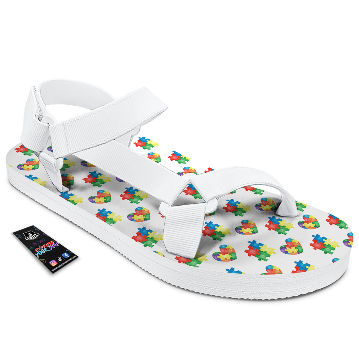 Autism Awareness Heart Print Pattern White Open Toe Sandals-grizzshop