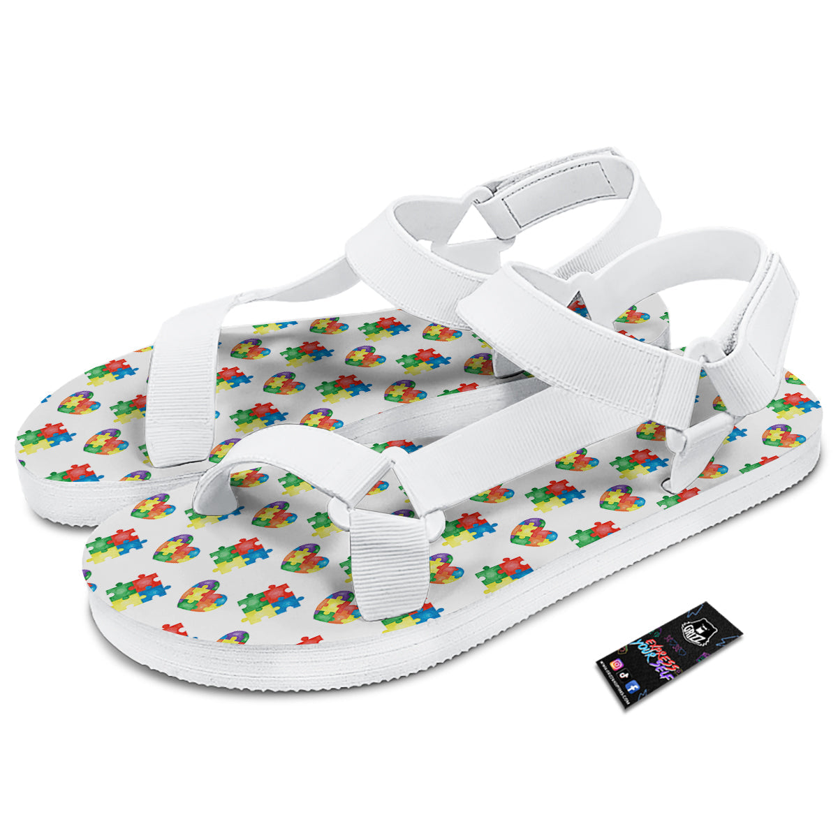 Autism Awareness Heart Print Pattern White Open Toe Sandals-grizzshop