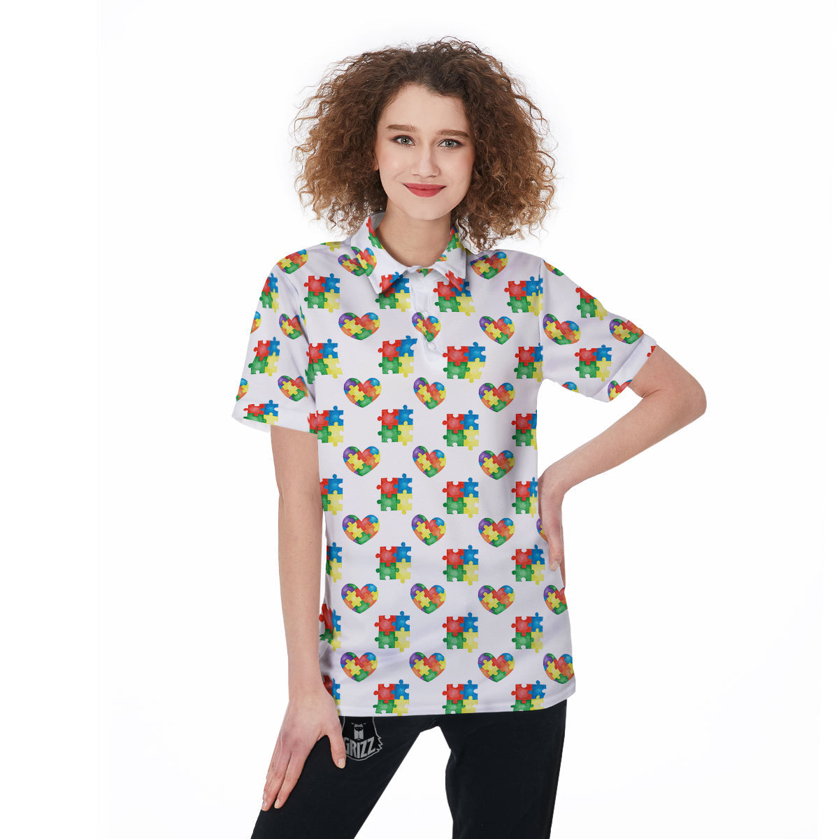 Autism Awareness Heart Print Pattern Women's Golf Shirts-grizzshop