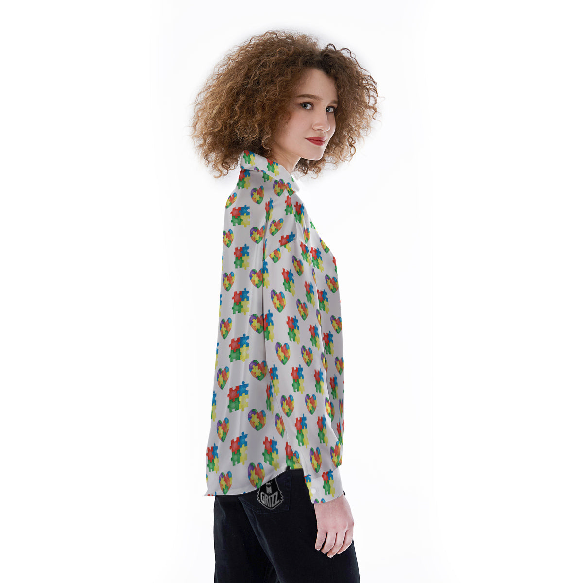 Autism Awareness Heart Print Pattern Women's Long Sleeve Shirts-grizzshop