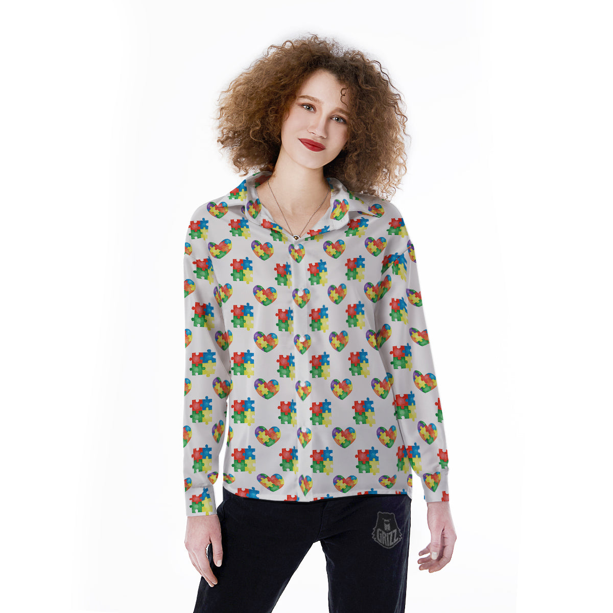 Autism Awareness Heart Print Pattern Women's Long Sleeve Shirts-grizzshop