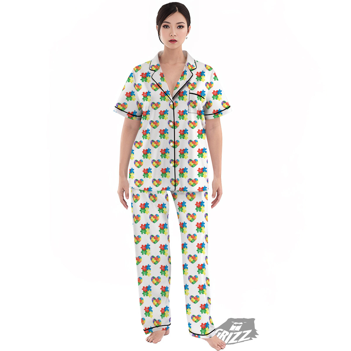 Autism Awareness Heart Print Pattern Women's Pajamas Set-grizzshop