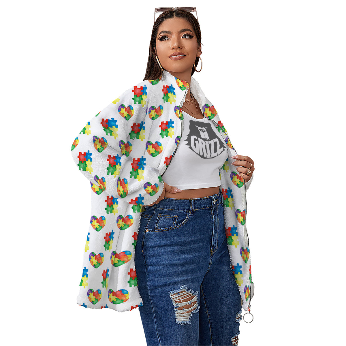 Autism Awareness Heart Print Pattern Women's Sherpa Jacket-grizzshop