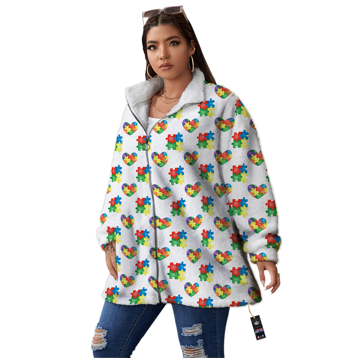 Autism Awareness Heart Print Pattern Women's Sherpa Jacket-grizzshop