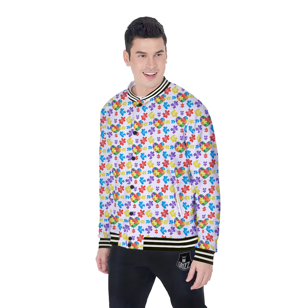 Autism Awareness Print Pattern Baseball Jacket-grizzshop