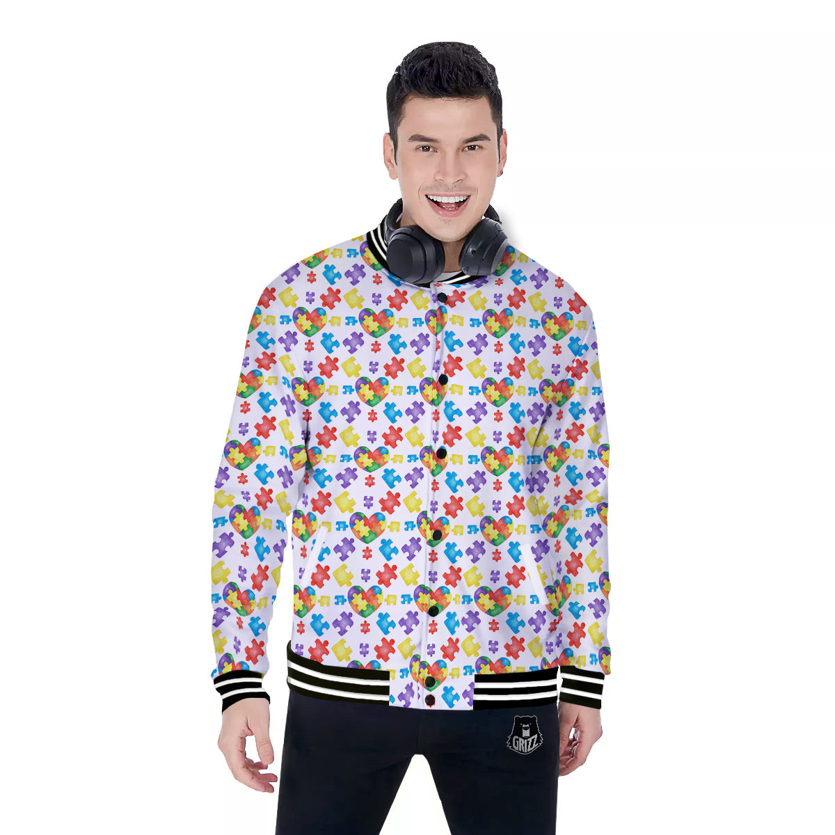 Autism Awareness Print Pattern Baseball Jacket-grizzshop