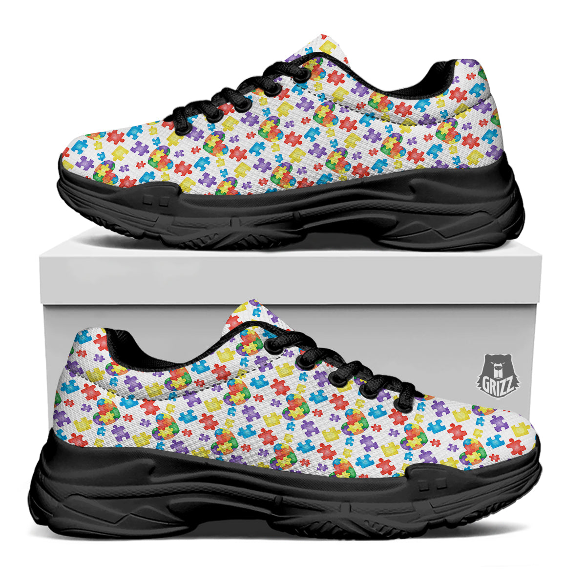Autism Awareness Print Pattern Black Chunky Shoes-grizzshop