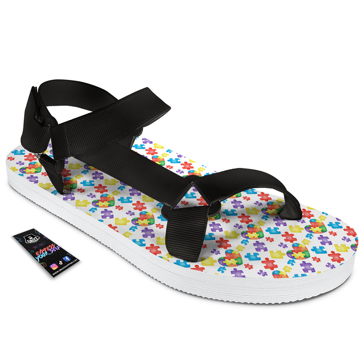 Autism Awareness Print Pattern Black Open Toe Sandals-grizzshop