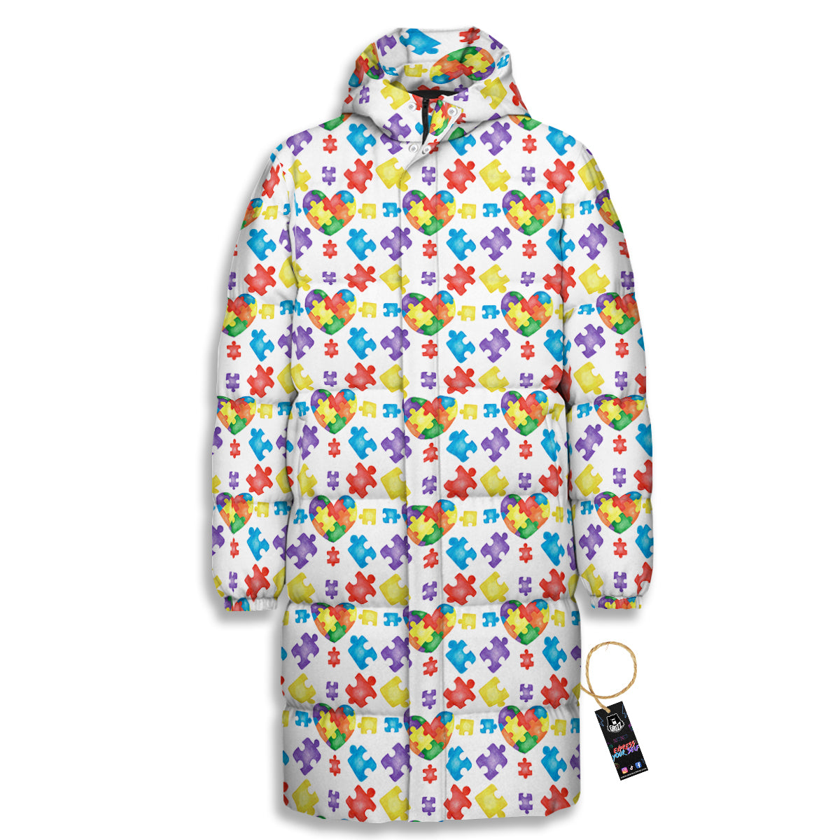 Autism Awareness Print Pattern Long Down Jacket-grizzshop