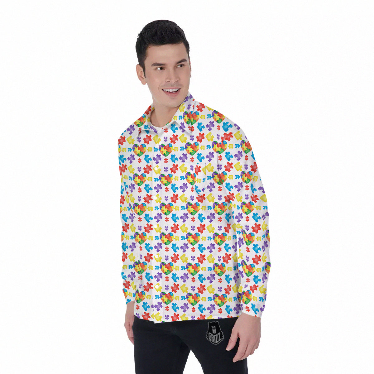 Autism Awareness Print Pattern Men's Long Sleeve Shirts-grizzshop